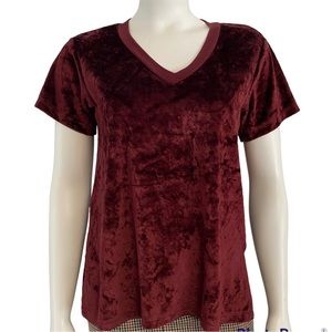 Michael Stars burgundy maroon velour‎ velvet v-neck top tee xs.